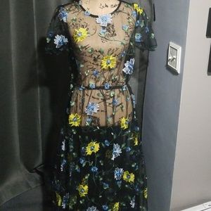 Large Sheer Blue, Silver and Yellow Floral Dress